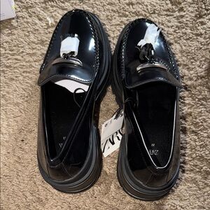 Zara Black Patent Loafers with Silver Hardware